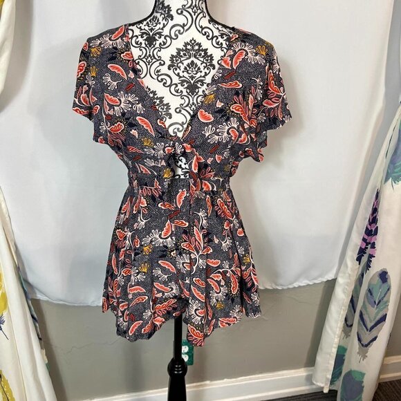 Aakaa colorful paisley tie front cut out babydoll blouse - Picture 1 of 10
